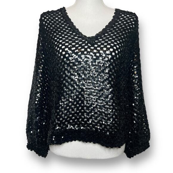 Vintage 80s Three Flaggs Sz Medium Black Sequin Disco Mesh Top Pullover - Picture 1 of 8